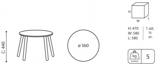 Rysunek techniczny z wymiarami stolika kawowego Bejot Tables Coffee TB W 74H, wskazujący wysokość całkowitą 44 cm oraz średnicę okrągłego blatu fi 56 cm na czterech drewnianych nogach.