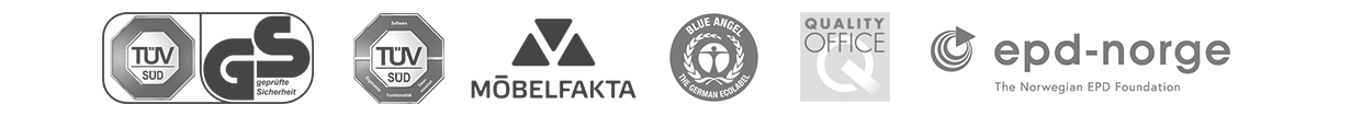 Zestaw certyfikatów i atestów fotela AccisPro: Blue Angel, Greenguard Gold, Möbelfakta oraz Protokół Oceny Ergonomicznej potwierdzający zdrowe siedzenie.