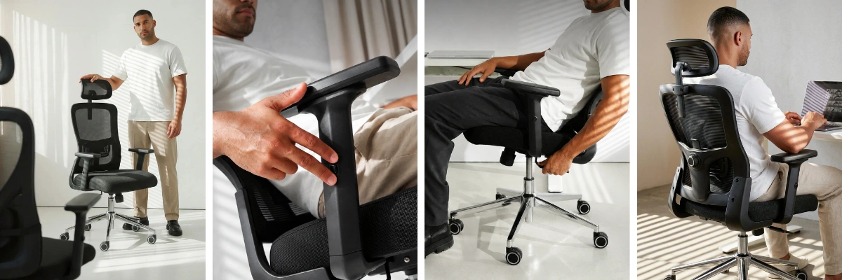Mężczyzna prezentujący funkcje ergonomicznego fotela biurowego CLOUVOU BrightSeat: regulacja podłokietników, wysokości oraz oparcie lędźwiowe.
