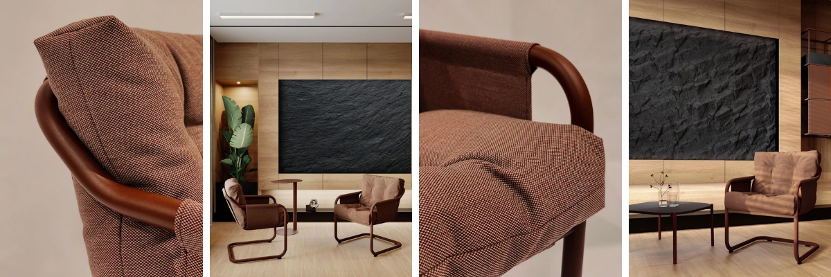 Designerski fotel płozowy Bejot Barbara BR 230 w stylu modern retro, wykończony elegancką tapicerką i umieszczony w luksusowym, premium gabinecie kadry zarządzającej oraz nowoczesnej sali konferencyjnej.