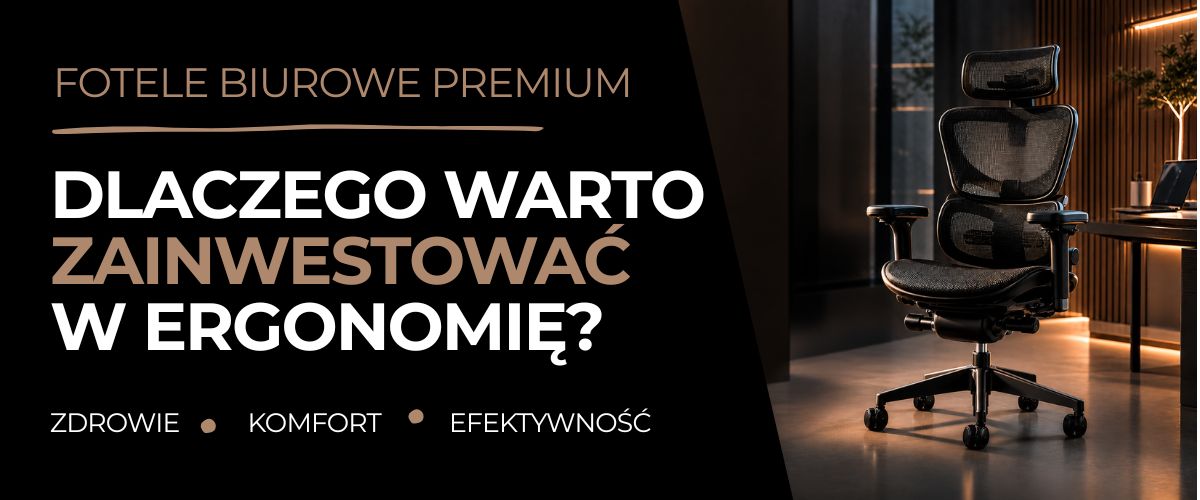 Nowoczesny ergonomiczny fotel biurowy premium w eleganckim biurze, prezentujący komfort, zdrowe podparcie kręgosłupa i wysoką jakość wykonania profesjonalnych foteli do pracy przy komputerze.