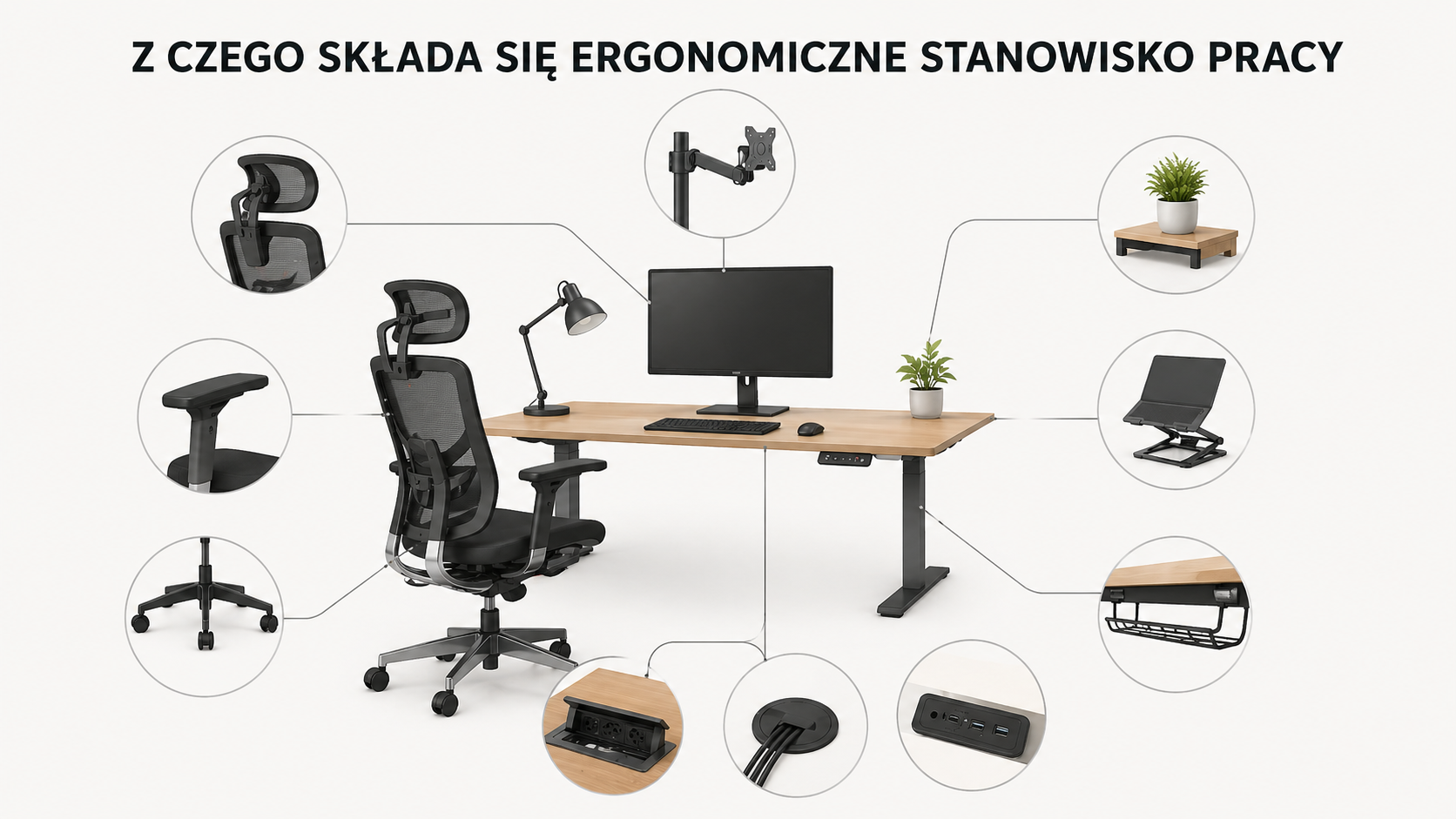 Minimalistyczna grafika przedstawiająca ergonomiczne stanowisko pracy: regulowane biurko, ergonomiczny fotel, monitor, uchwyt na monitor, podstawka pod laptop, mediaporty i organizację kabli