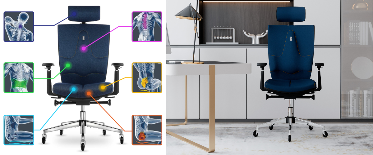 Fotel ergonomiczny Kulik System SPACE Ocean Blue. Grafika pokazuje 5-punktowy system medyczny odciążający kręgosłup i korygujący postawę. Ten certyfikowany fotel medyczny jest dostępny z szybką wysyłką 24h.