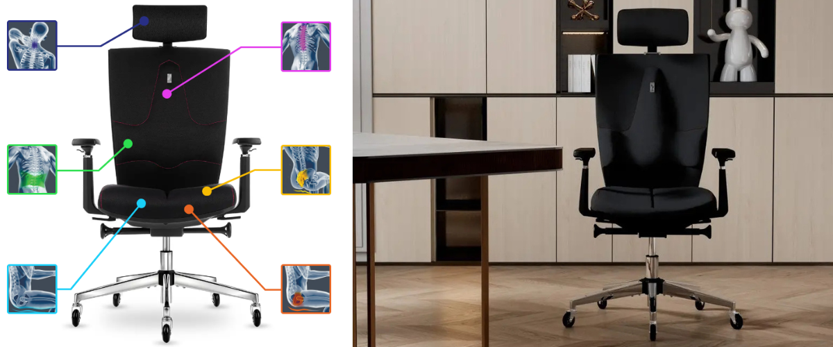 Czarny fotel biurowy SPACE Onyx Black marki Kulik System – certyfikowany produkt medyczny z systemem 5 stref kontroli kręgosłupa i wysyłką w 24h.