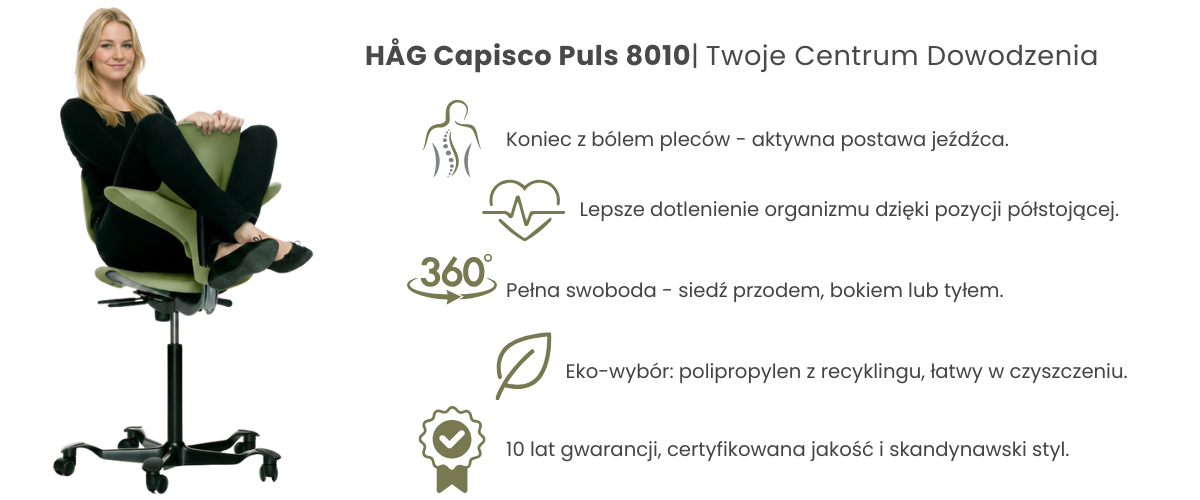 Bestsellerowy fotel HÅG Capisco Puls w kolorze zielonym zapewniający idealną postawę jeźdźca, dynamiczne siedzenie 360 stopni oraz certyfikowaną jakość potwierdzoną 10-letnią gwarancją.