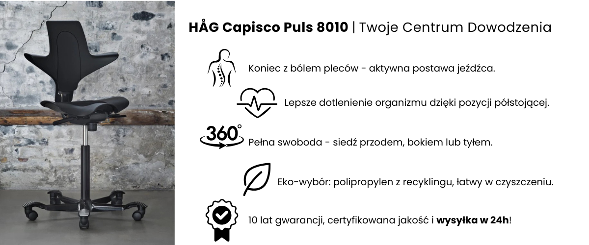 Czarny fotel HÅG Capisco Puls 8010 z szarą tapicerką Select SC60131 - ergonomiczne krzesło siodłowe do pracy stojącej i siedzącej, dostępne z szybką wysyłką 24h.