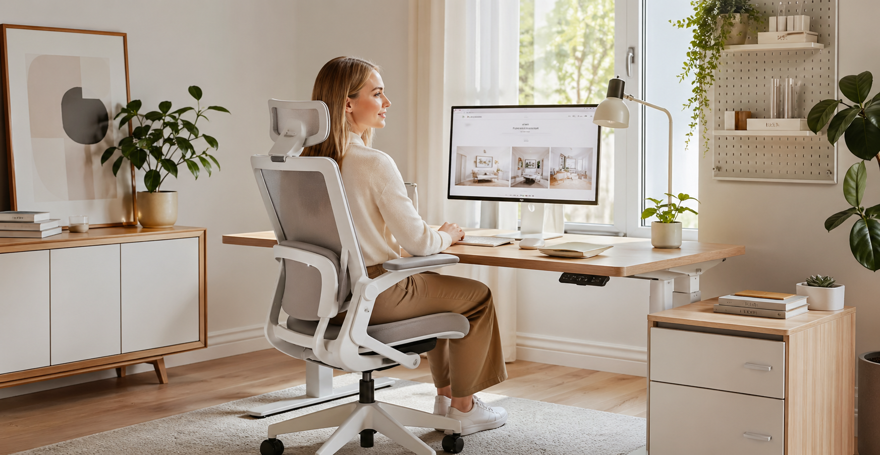 Ergonomiczne stanowisko pracy w domu - kobieta przy biurku z regulacją wysokości i ergonomicznym fotelem.