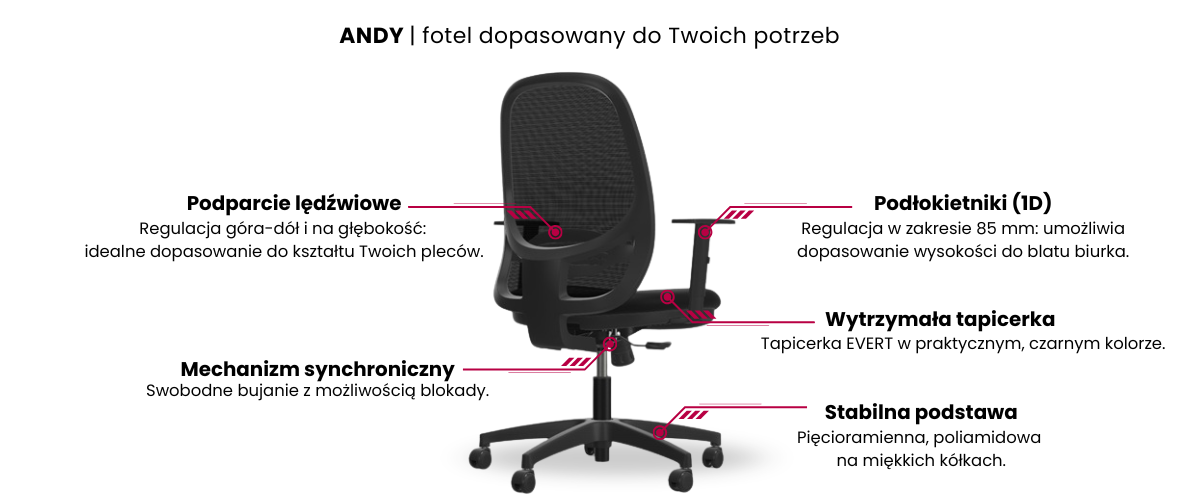 Specyfikacja ergonomiczna fotela Andy: mechanizm synchroniczny, regulowane podparcie lędźwiowe oraz podłokietniki z regulacją wysokości.