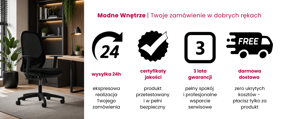 Zalety zakupu fotela biurowego Andy: wysyłka w 24h, darmowa dostawa, 3 lata gwarancji i wysoka jakość wykonania.