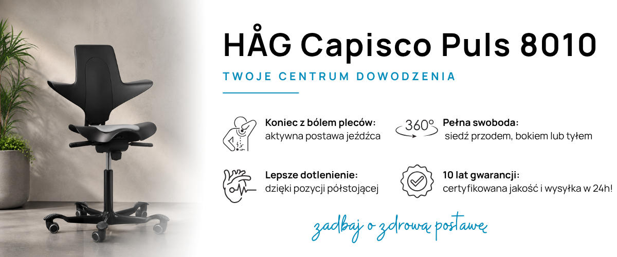 Czarny fotel HÅG Capisco Puls 8010 z szarą tapicerką Select SC60131 - ergonomiczne krzesło siodłowe do pracy stojącej i siedzącej, dostępne z szybką wysyłką 24h.