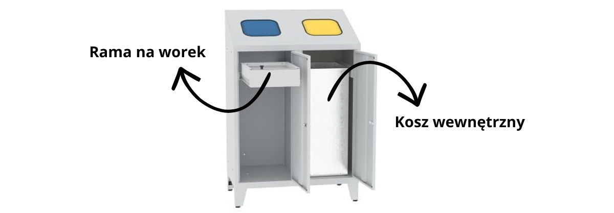 Konfigurowalne wkłady w pojemniku Malow: wysuwana rama na worek 120L oraz wyjmowany metalowy kosz wewnętrzny