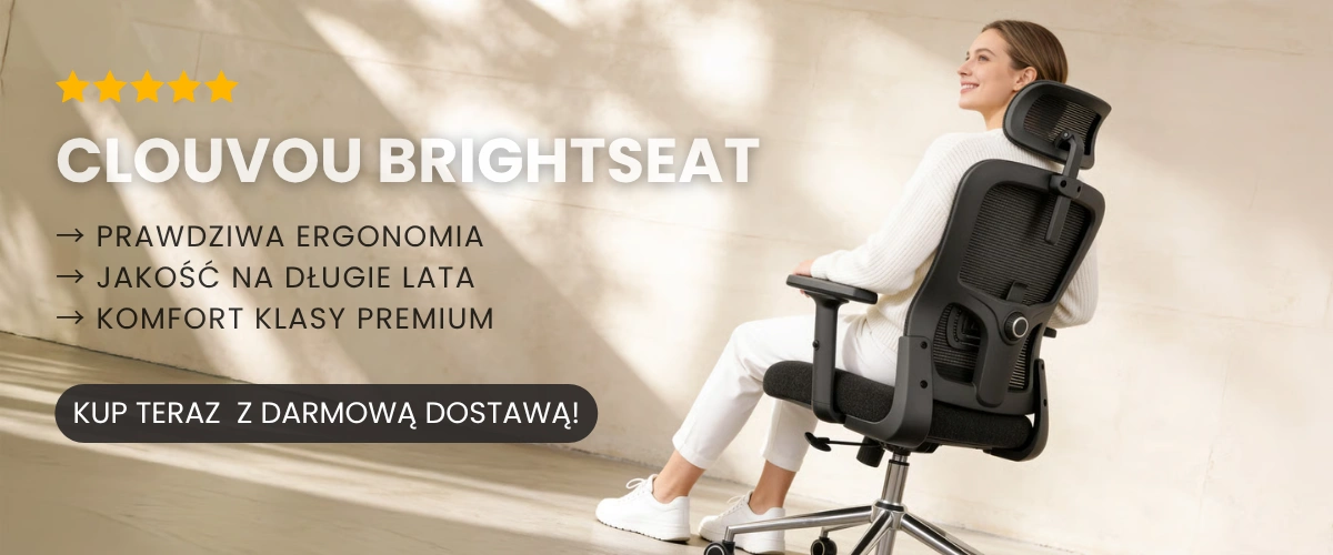 Ergonomiczny fotel biurowy CLOUVOU BrightSeat do pracy przy komputerze z regulowanym podparciem lędźwiowym i zagłówkiem.