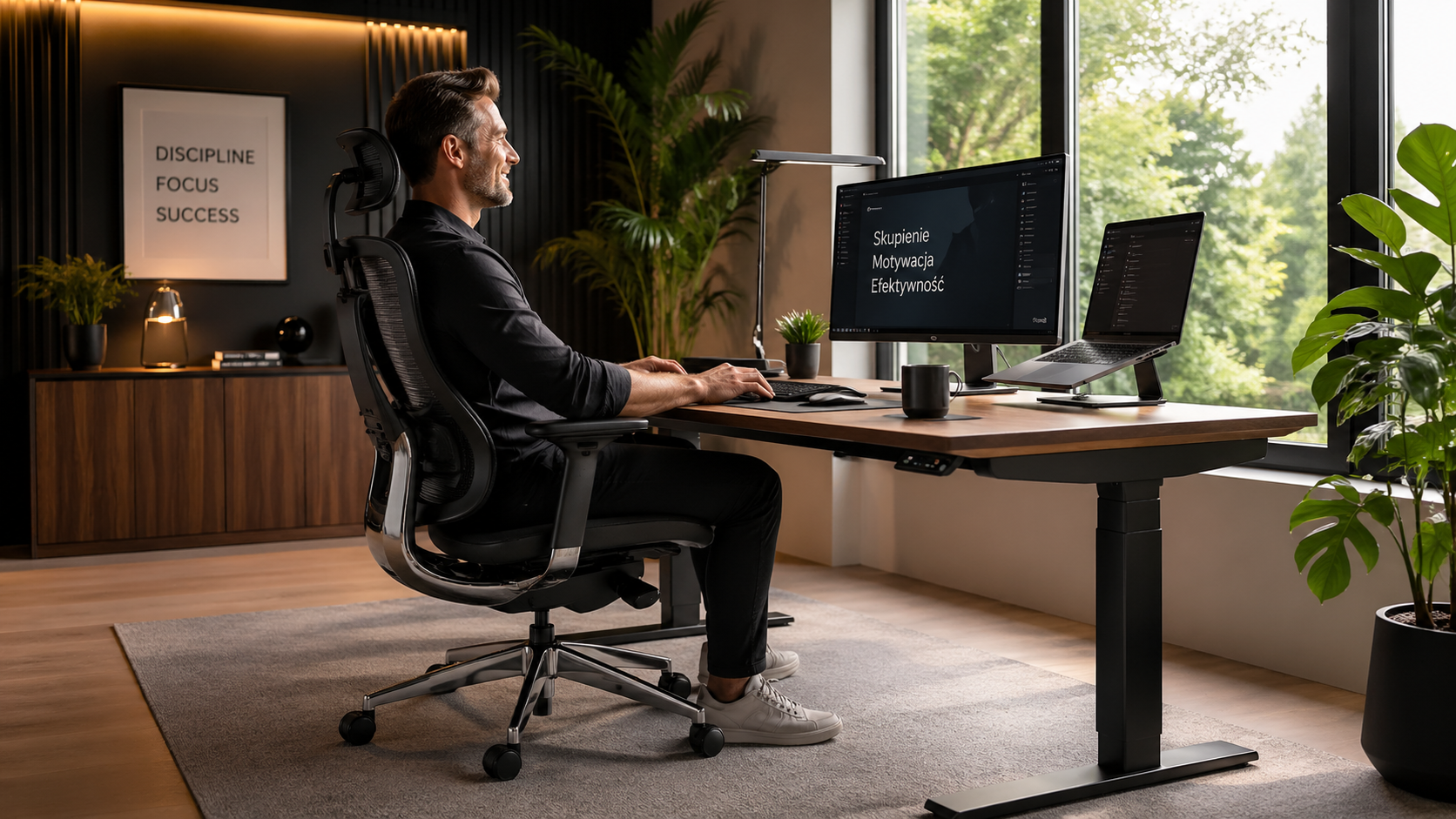 Zadowolony mężczyzna pracujący w nowoczesnym domowym biurze przy ergonomicznym, regulowanym biurku i eleganckim fotelu, z dwoma monitorami i naturalnym światłem z okna
