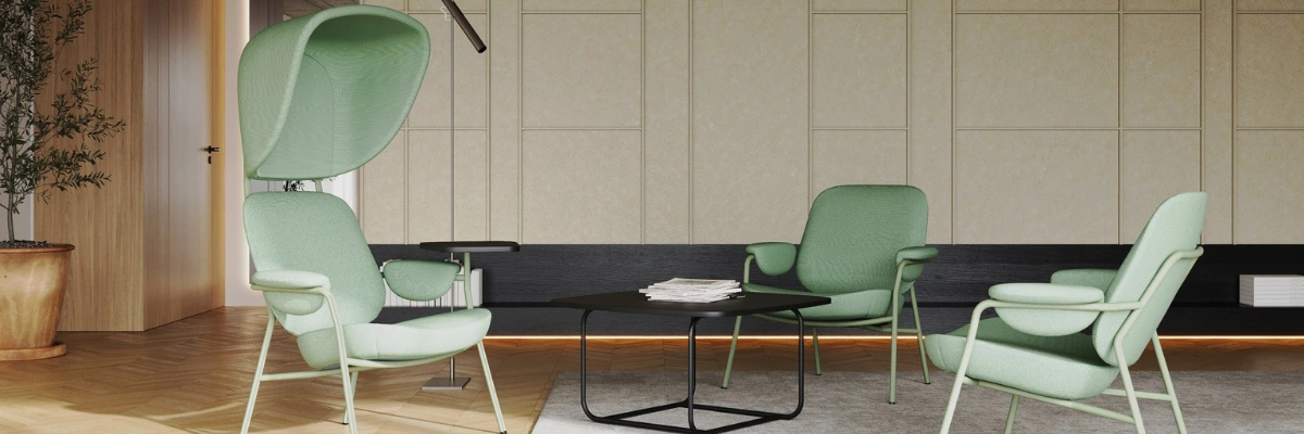 Designerski fotel akustyczny Bejot Epocc_Lounge EP 620 z głębokim zagłówkiem wyciszającym hałas, ergonomicznym siedziskiem i stalowym stelażem, idealny do pracy w biurach open space, strefach chillout, lobby hotelowym oraz nowoczesnym salonie.