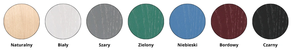 Wzornik wykończeń okleiny naturalnej dąb dla krzeseł Bejot Wei. Zestawienie 7 matowych lakierów: od klasycznego bezbarwnego, przez biały, szary, zielony, niebieski, bordowy, aż po głęboki czarny mat z widocznym, szlachetnym rysunkiem słojów drewna.