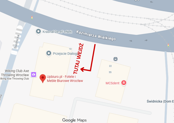 Dokładna instrukcja wejścia do showroomu UpBiuro Wrocław - ul. Świdnicka 12, wejście od tyłu budynku.