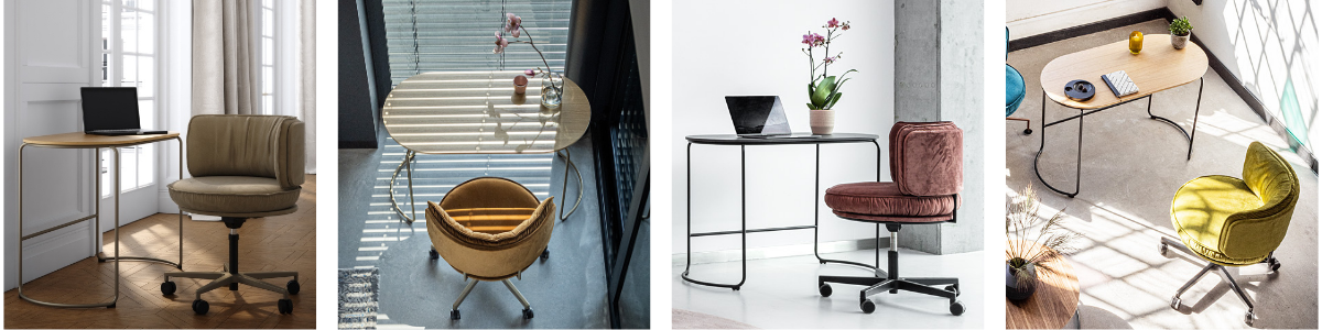 Designerskie biurko owalne VANK RING zaaranżowane w nowoczesnym salonie oraz luksusowym pokoju hotelowym, podkreślające uniwersalność i idealne dopasowanie mebla do różnych stylów wnętrz premium.