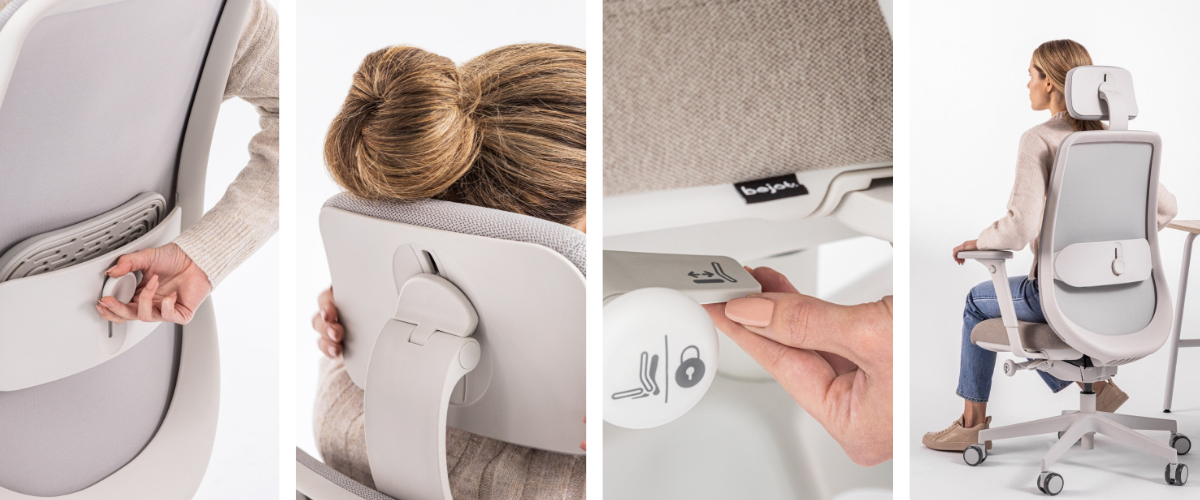 Ilustracja przedstawiająca fotel ergonomiczny z funkcjami premium. Widoczny jest regulowany zagłówek dopasowujący się do szyi użytkownika, podłokietniki z możliwością regulacji wysokości i kąta ustawienia oraz zaawansowane podparcie lędźwiowe wspierające dolny odcinek kręgosłupa. Elementy regulacyjne są podkreślone strzałkami, wskazującymi zakres dopasowania do indywidualnej pozycji siedzącej.