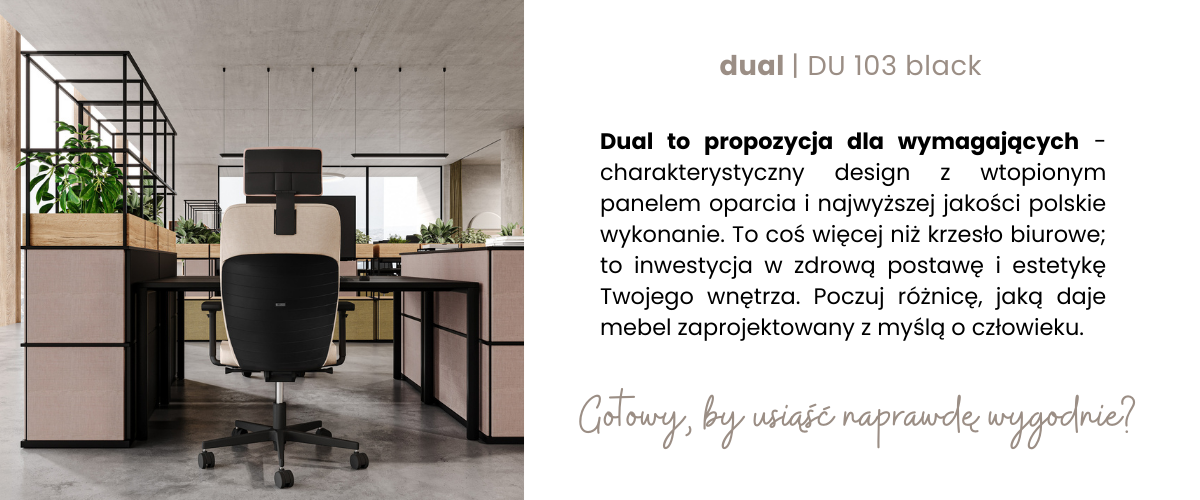 Bestsellerowy fotel Bejot Dual w biurowej aranżacji open space - połączenie certyfikowanej ergonomii i przytulnego designu.