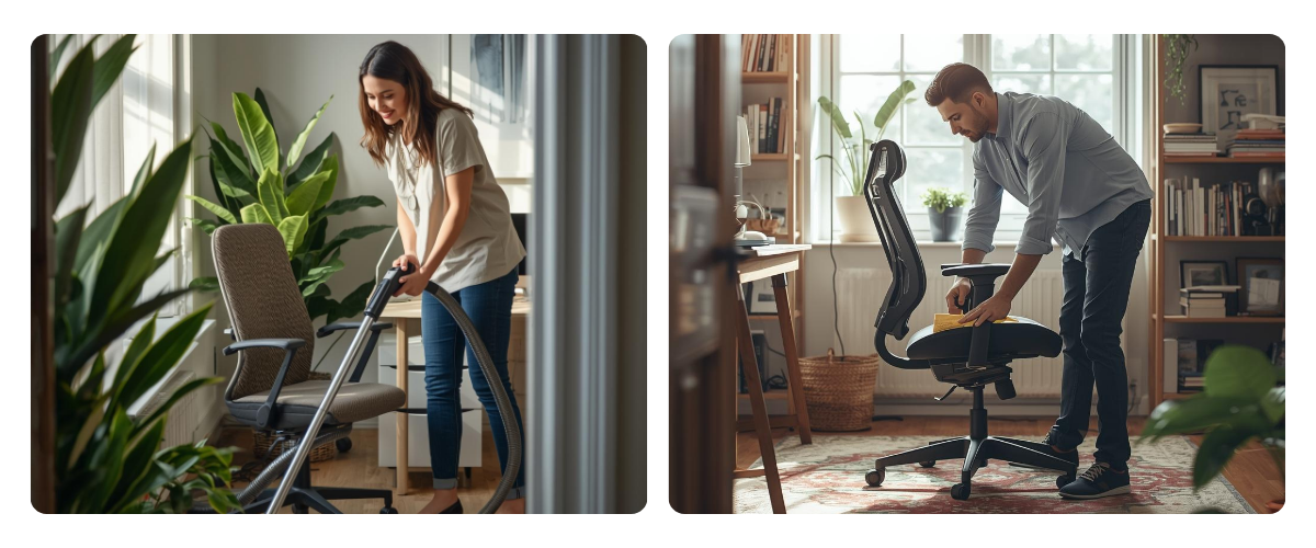 obieta i mężczyzna odkurzają i czyszczą ergonomiczny fotel biurowy z siatki i tkaniny