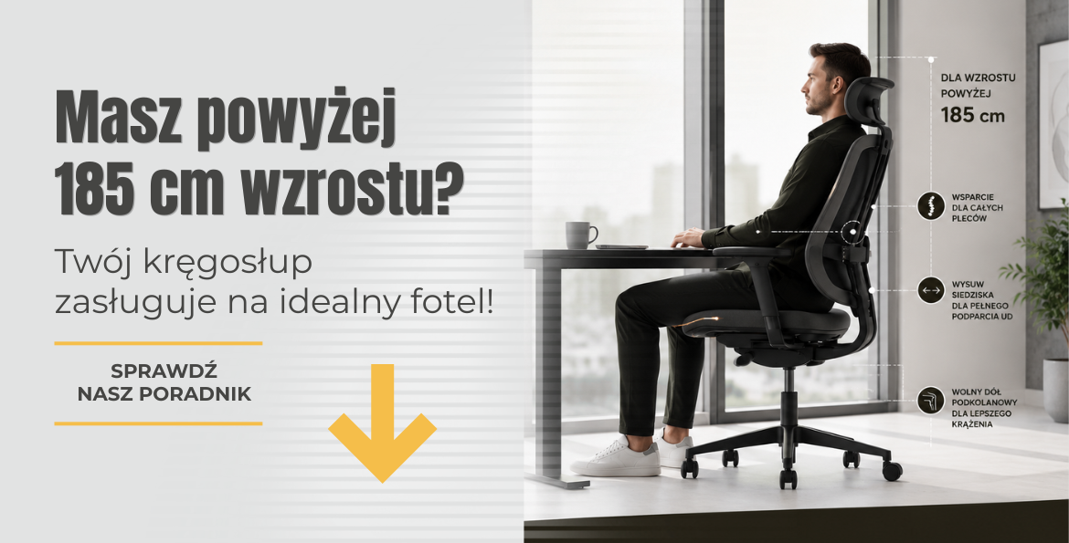 Ergonomiczny fotel biurowy dla wysokiej osoby powyżej 185 cm wzrostu w nowoczesnym biurze