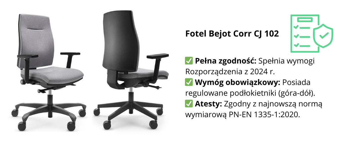 Ergonomiczny fotel biurowy Bejot Corr CJ 102 zgodny z normą PN-EN 1335 i nowym rozporządzeniem BHP.