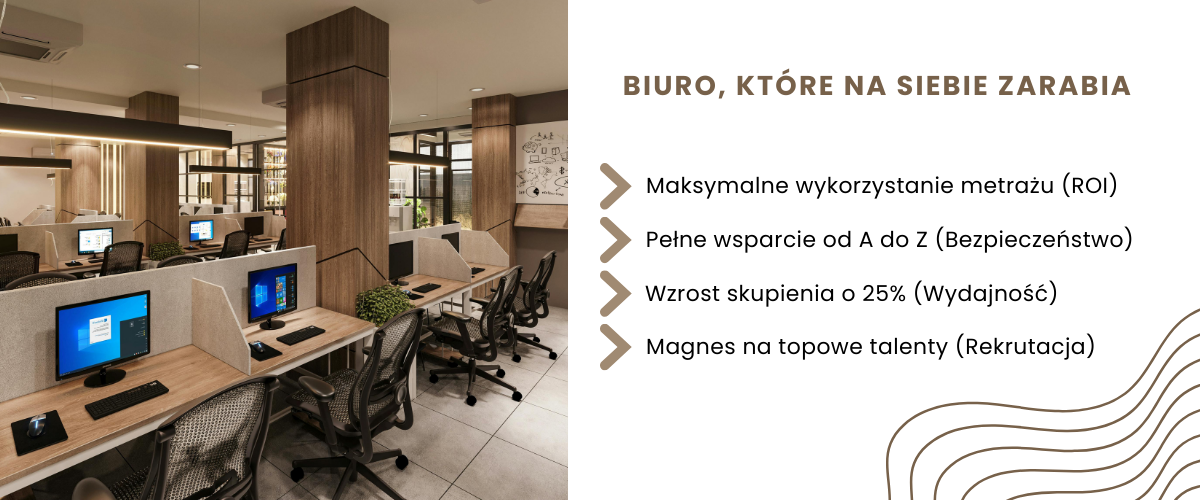 : Infografika przedstawiająca zalety profesjonalnego projektowania biur: wydajność, oszczędność miejsca i wizerunek firmy.