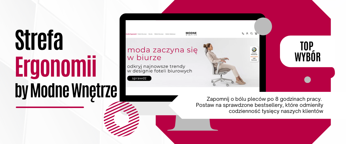 Nowoczesne stanowisko pracy w Strefie Ergonomii by Modne Wnętrze – fotel z podparciem lędźwiowym i biurko z regulacją wysokości.