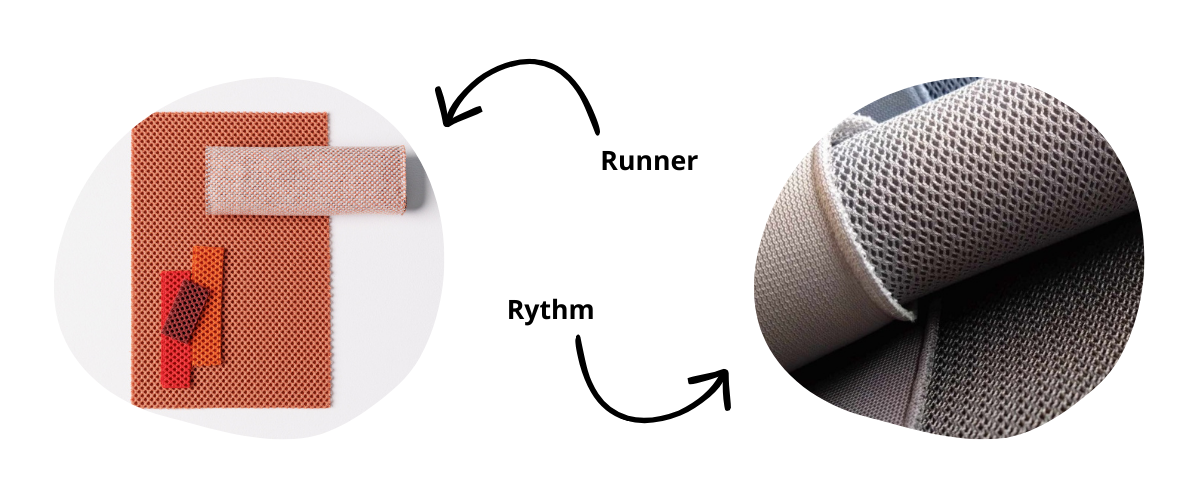Próbki wytrzymałych materiałów mesh Runner i Rhythm stosowanych w fotelach biurowych marek Profim i Bejot.