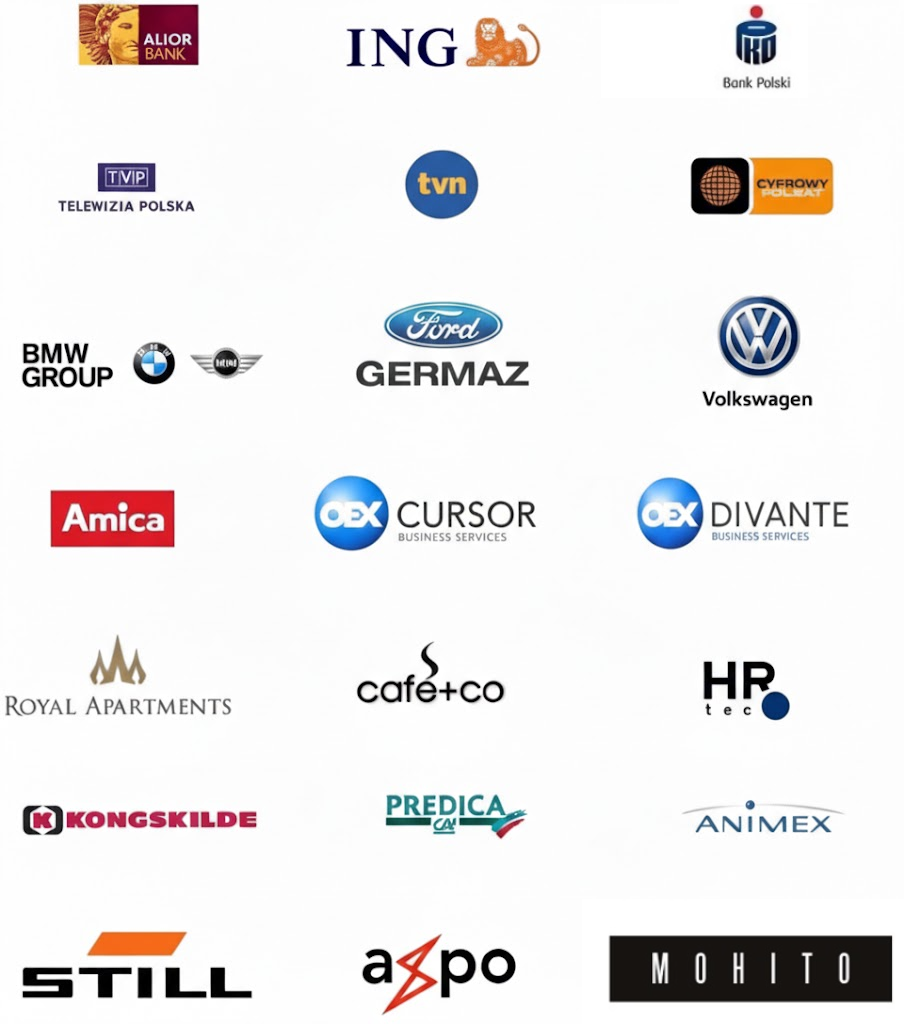 Logotypy firm i instytucji, które zaufały Modne Wnętrze: Alior Bank, ING, BMW Group, TVN, Volkswagen, Politechnika Wrocławska, Uniwersytet Ekonomiczny we Wrocławiu oraz instytucje państwowe.